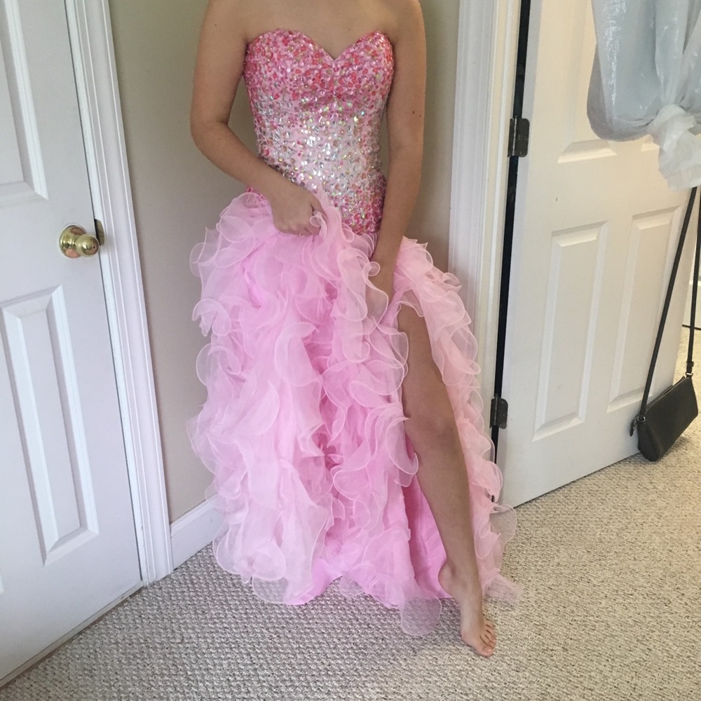 Strapless Pink Ruffled Prom Dress with Sequin Bodice